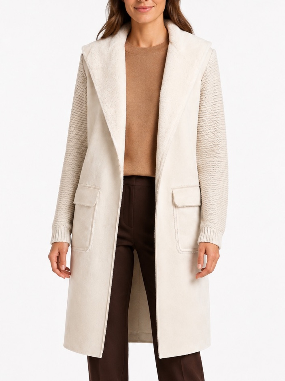 Love Token M Cream Faux Fur Faux Suede Knit Sleeve Longline Coat Cardigan